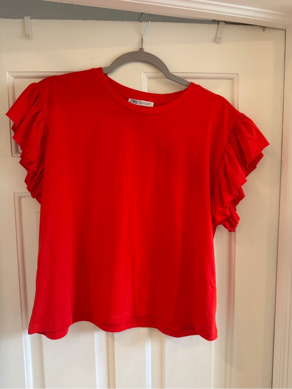 ZARA Bright Red Ruffle Sleeve Crewneck Top medium